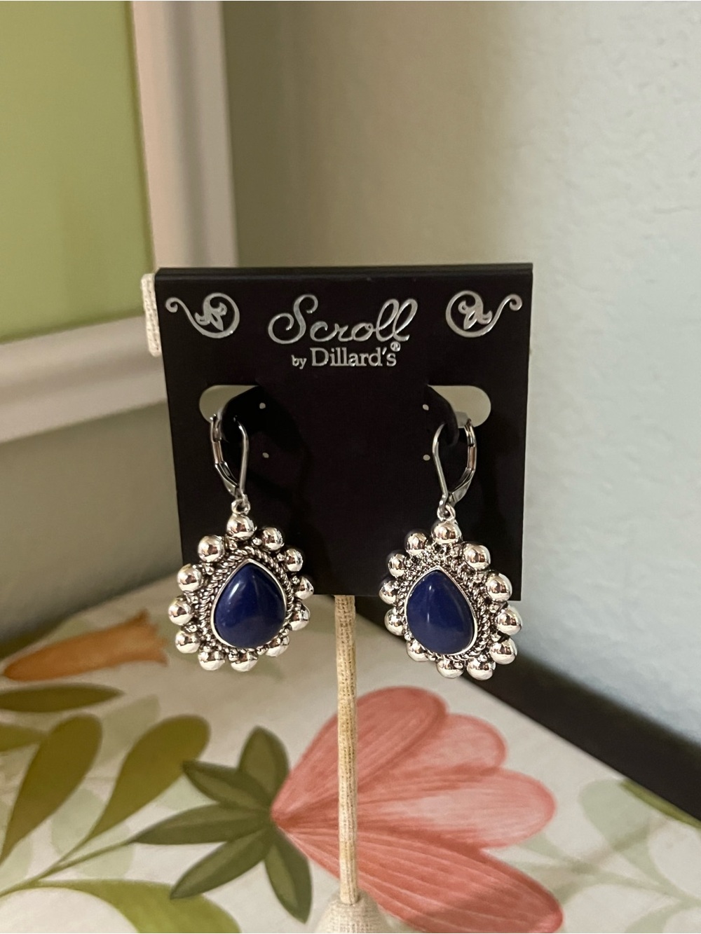 NWT Genuine Stones Silver Drop Earrings with Deep Blue Teardrop Stones #DILL1